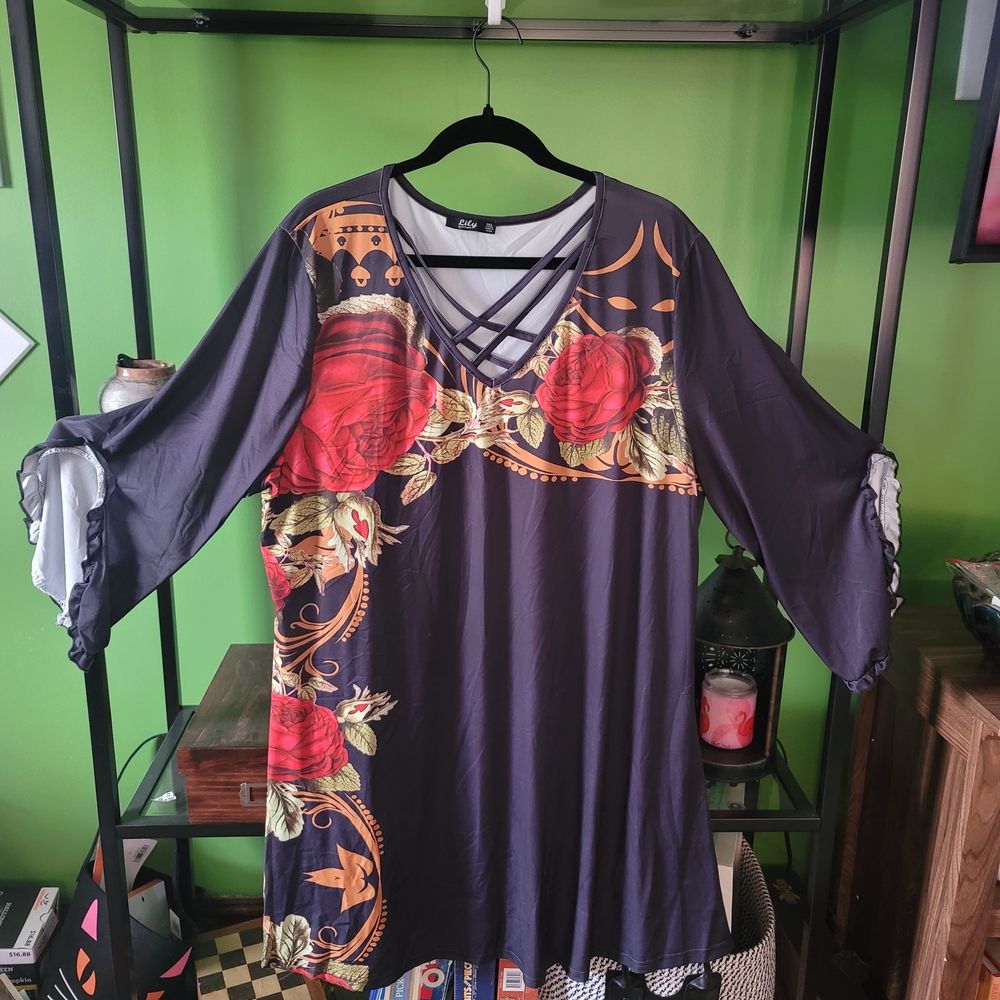 Lily Black Tunic with Red Floral Design
